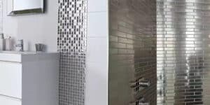 Modern small bathroom tiles with sleek design and reflective surfaces.